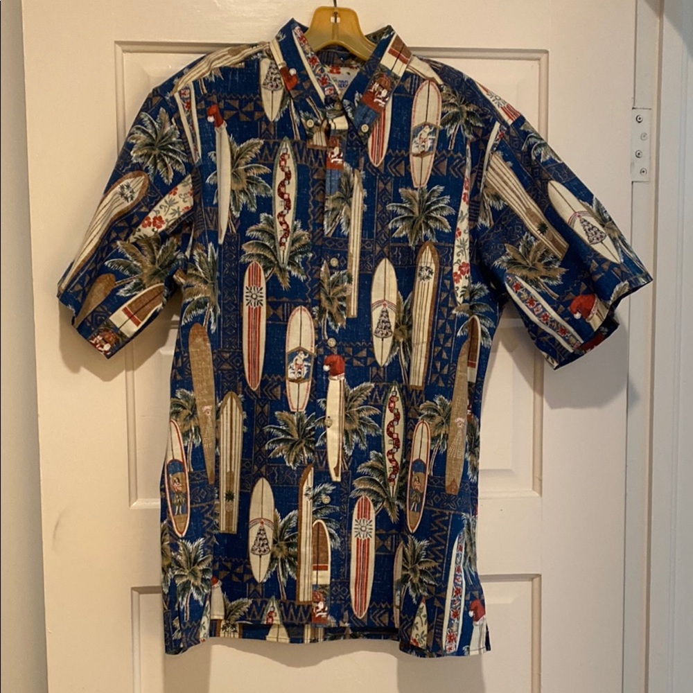 Reyn Spooner Christmas 2009 Blue and Brown Surfboard Print Casual Shirt